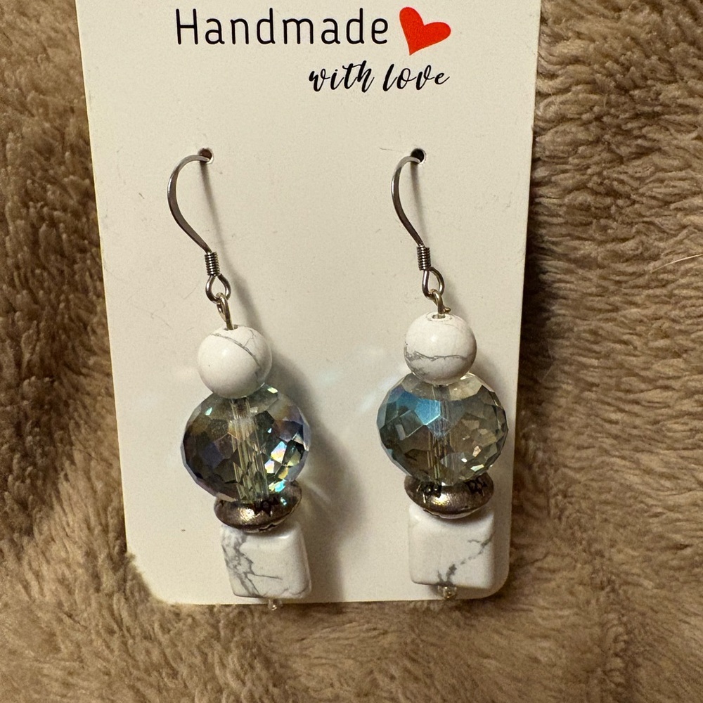 Handmade White and Silver Dangle Earrings